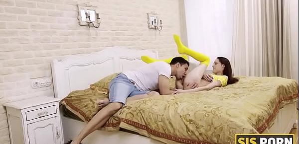  SIS.PORN. Love in yellow stockings licks stepbrothers legs for money and even gets banged